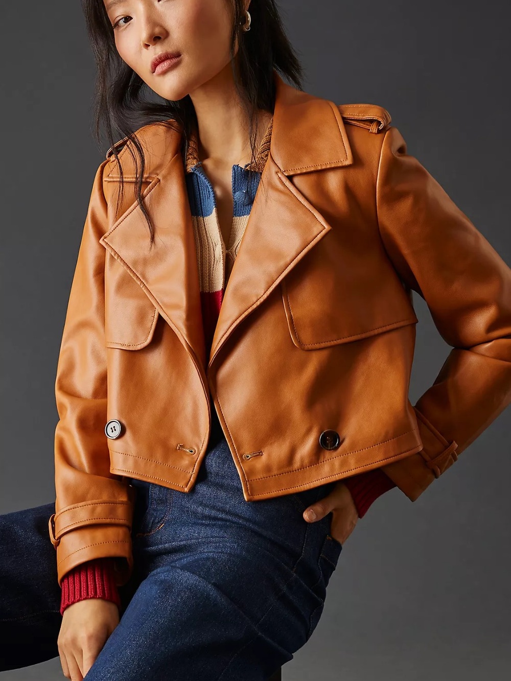 Avec Les Filles Faux Leather Jacket Womens M Brown Excellent Cropped Trench Coat